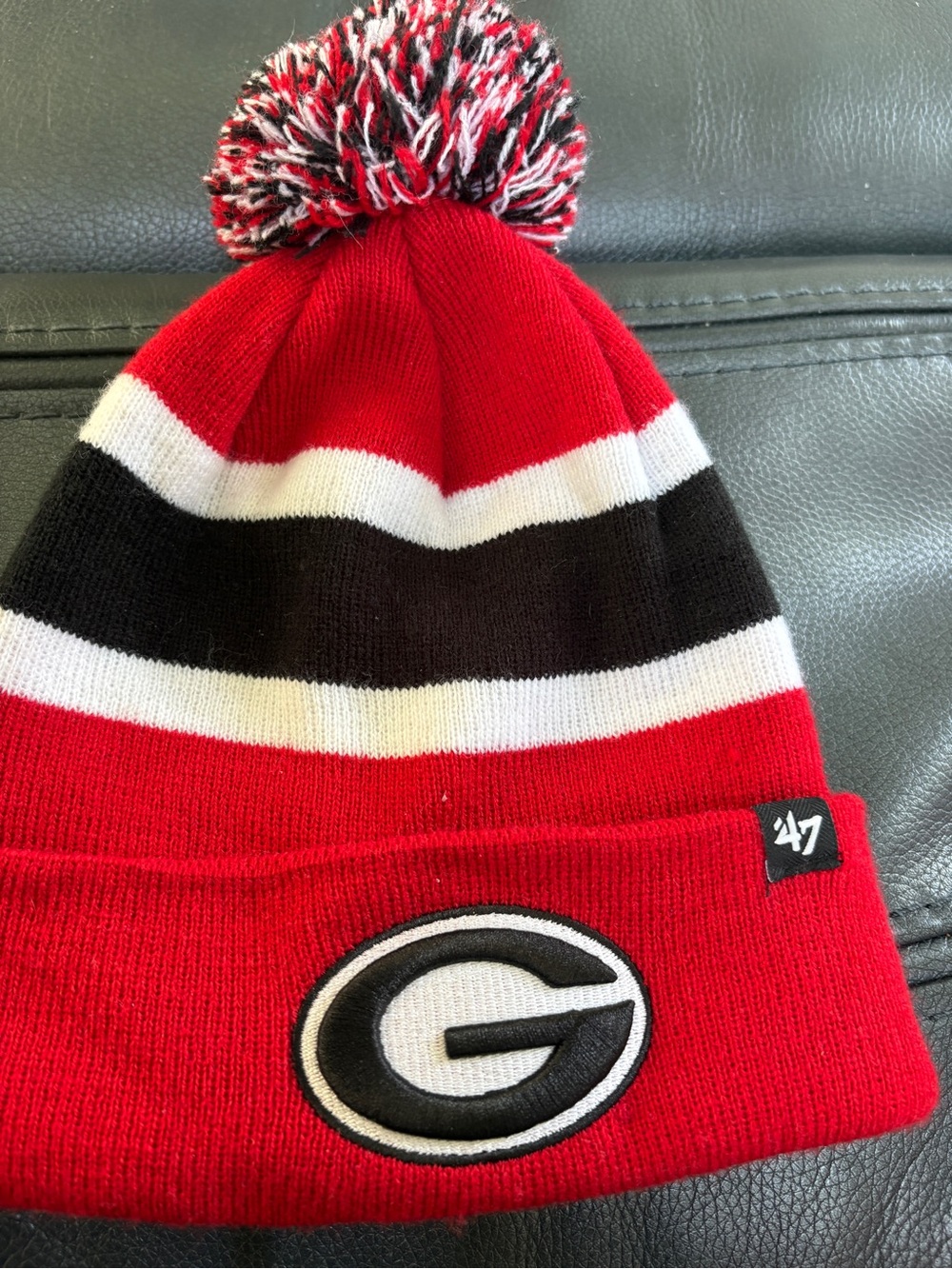 47 GEORGIA Red Black and White Pom Pom Beanie